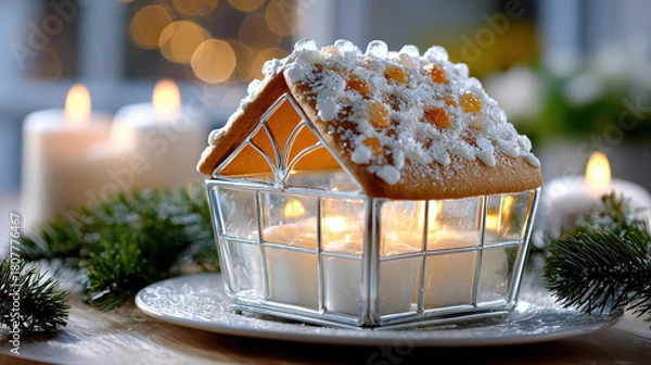 Fototapeta Illuminated gingerbread house with icing and candles on wooden kitchen table surrounded by pine branches