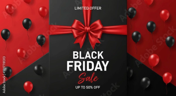 Fototapeta Black Friday Sale Background with Luxury Red Satin Ribbon Bow and Floating Red and Black Balloons for Limited Offer Discount