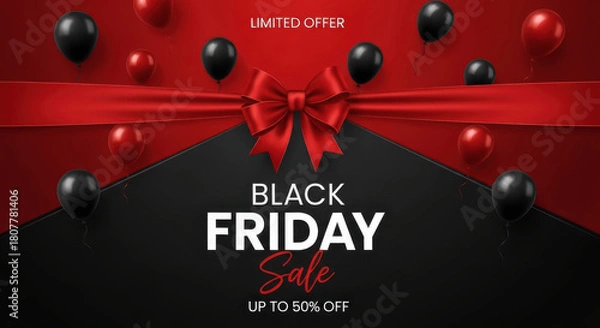 Obraz Black Friday Sale Background with Luxury Red Satin Ribbon Bow and Floating Red and Black Balloons for Limited Offer Discount