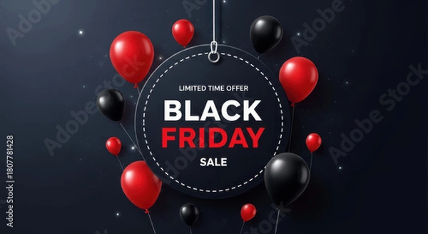 Fototapeta 
Black Friday Sale Text on Round Label Surrounded by Red and Black Balloons on Dark Background with Glitter for Limited Time Offer