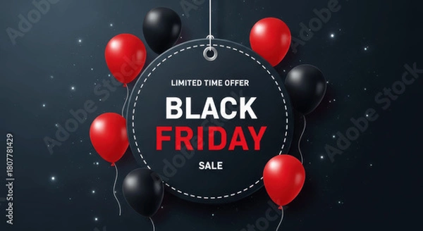 Fototapeta 
Black Friday Sale Text on Round Label Surrounded by Red and Black Balloons on Dark Background with Glitter for Limited Time Offer