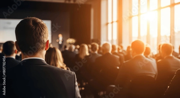 Fototapeta Rear View of Business Audience Listening to Speaker on Stage in Large Conference Hall with Bright Window Light