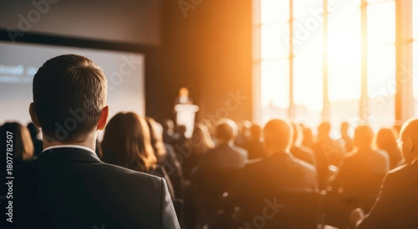 Fototapeta Rear View of Business Audience Listening to Speaker on Stage in Large Conference Hall with Bright Window Light