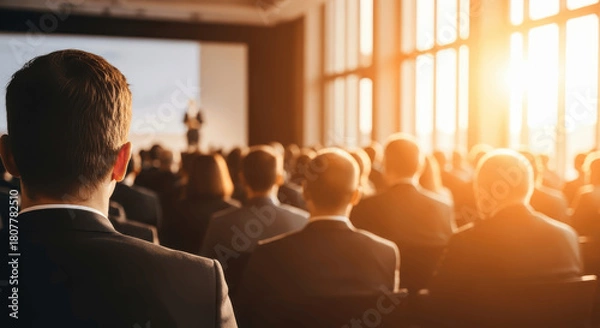 Fototapeta Rear View of Business Audience Listening to Speaker on Stage in Large Conference Hall with Bright Window Light