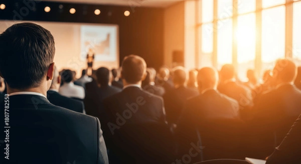 Fototapeta Rear View of Business Audience Listening to Speaker on Stage in Large Conference Hall with Bright Window Light