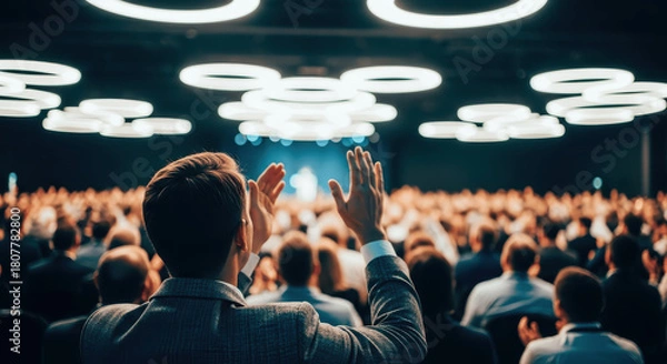Fototapeta Audience Member Applauding at Business Conference or Live Event with Hands Raised and Stage Lights