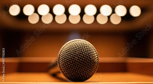 Fototapeta Close-up of Microphone Lying on Stage Ready for Public Speaking, Conference, or Performance with Warm Bokeh Lights