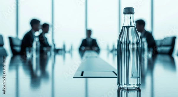 Fototapeta Water Bottle on Conference Table with Blurred Business Meeting Silhouettes in Modern Office Window View