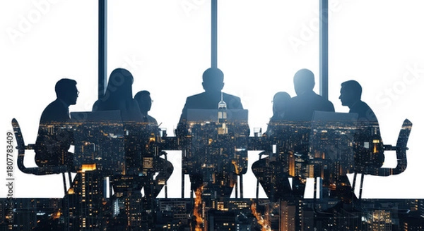 Obraz Double Exposure of Business Team Meeting Silhouette and Illuminated Night Cityscape for Corporate Strategy and Global Business