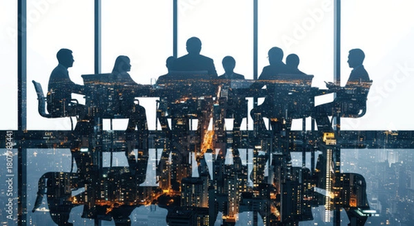 Fototapeta Double Exposure of Business Team Meeting Silhouette and Illuminated Night Cityscape for Corporate Strategy and Global Business
