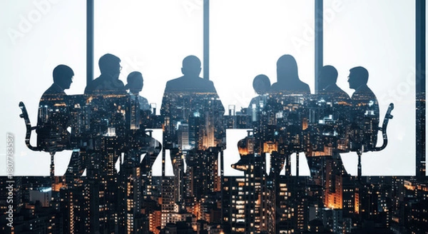 Fototapeta Double Exposure of Business Team Meeting Silhouette and Illuminated Night Cityscape for Corporate Strategy and Global Business