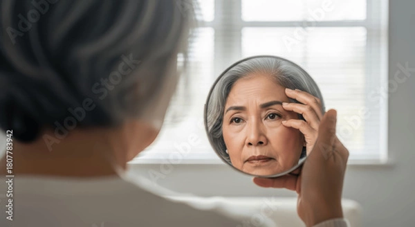 Fototapeta Senior Woman Looking Closely into Hand Mirror, Touching Face and Examining Wrinkles or Skin Concern