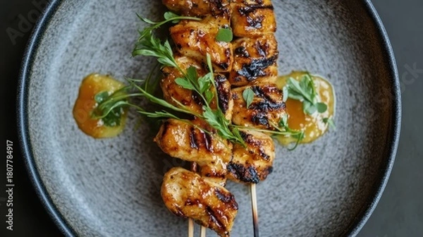 Fototapeta Grilled Chicken Skewers on a White Plate - Delicious Appetizer or Main Course Food Photography