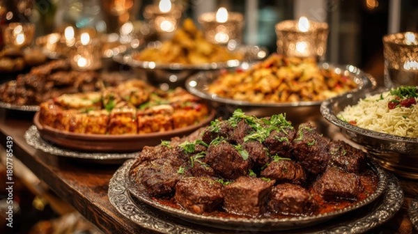 Obraz Platter of seasoned grilled meat garnished with herbs served on ornate metal tray next to dishes of rice, roasted vegetables, and sliced pizza for festive meal setup