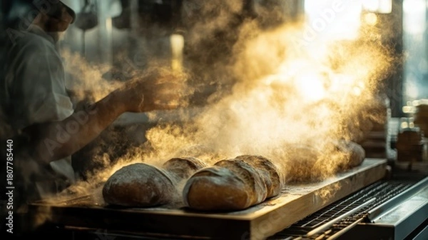 Obraz Baker preparing fresh bread in a traditional stone oven, crafting artisanal loaves with care and expertise.