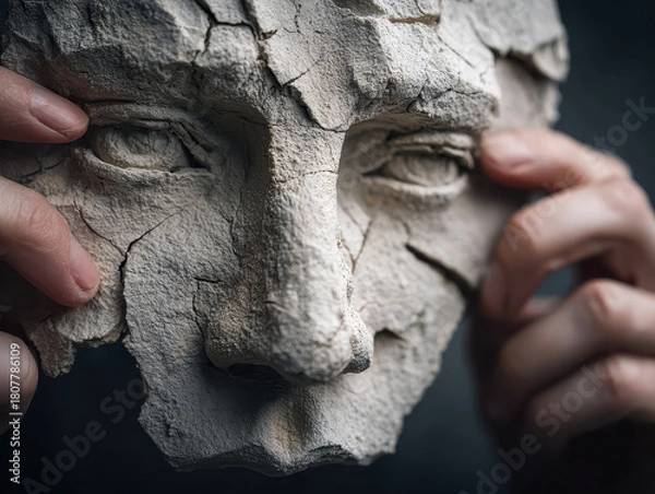 Obraz Cracked clay face mask held by hands with delicate fingers showing intricate texture and detail of dried earth in close-up shallow depth of field portrait