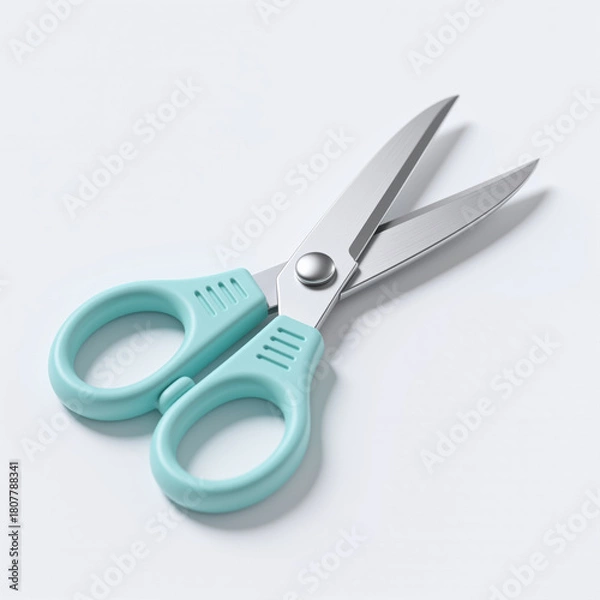 Fototapeta A pair of scissors with teal handles and silver blades on a white background, symbolizing precision and creativity, commonly used for cutting various materials.