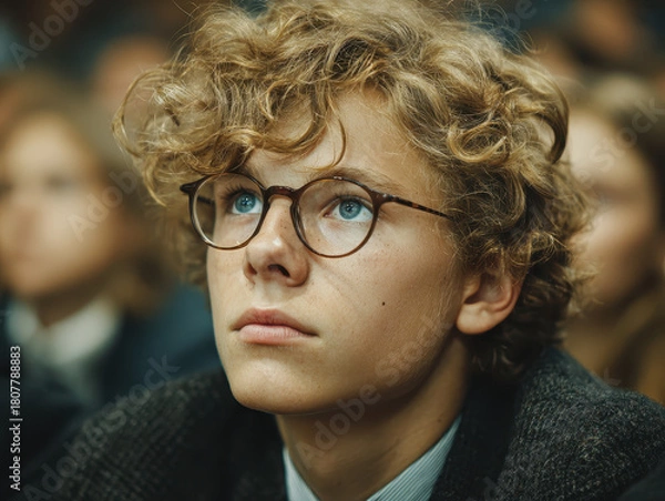 Obraz Young person with curly blond hair and round glasses attentively ening indoors with soft lighting and blurred background people focusing on something inspiring