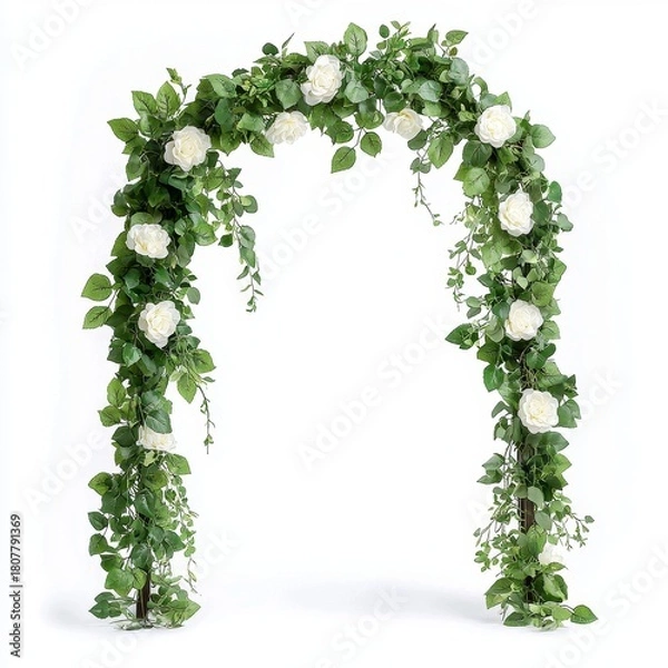 Obraz Beautiful floral archway adorned with greenery and white flowers, perfect for weddings and special occasions.