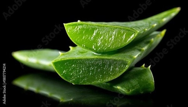 Fototapeta Close-Up of Fresh Aloe Vera Leaves with Gel on Black Background