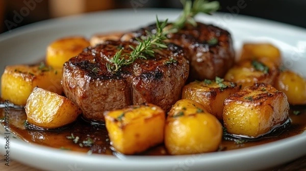 Obraz A plate of food with meat and potatoes on a table