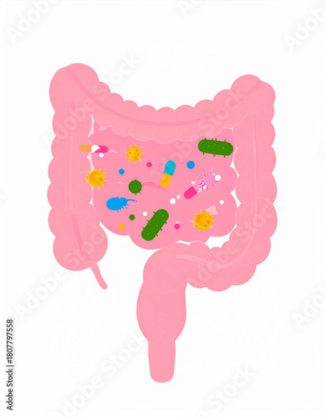 Obraz Intestine Illustration with Friendly Gut Bacteria in a Colorful Microbiome Design