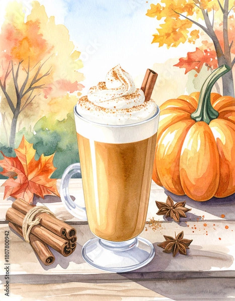 Obraz Watercolor Pumpkin Spice Latte with Creamy Topping and Autumn Flavor Elements
