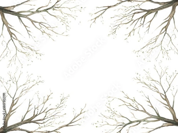 Fototapeta Thin intertwined tree branches forming a clean artistic border on white.