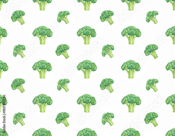 Obraz Watercolor Broccoli Pattern with Fresh Green Vegetables in a Seamless Repeating Design
