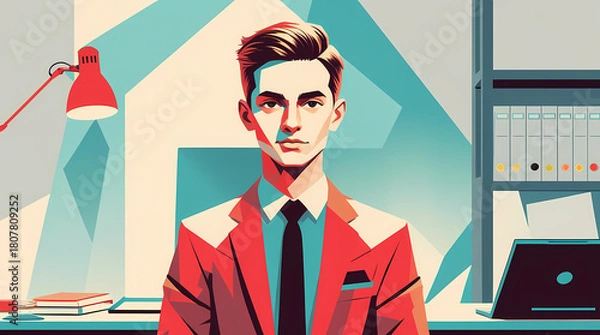 Obraz Stylish young professional man in red suit ready for business at his modern office space setup