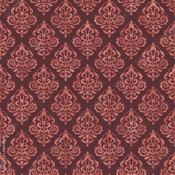 Fototapeta Dark Pink Damask Pattern with Rose Gold Foil Texture