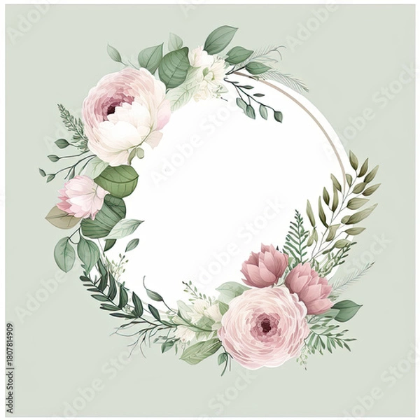 Obraz botanical design fo round wreath with leaves and flowers, floral background, ai generative