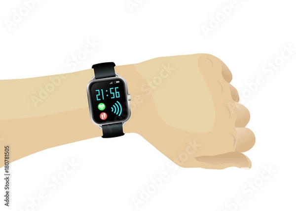 Fototapeta Human hand with wireless smartwatch with time, pulse, steps, wifi.