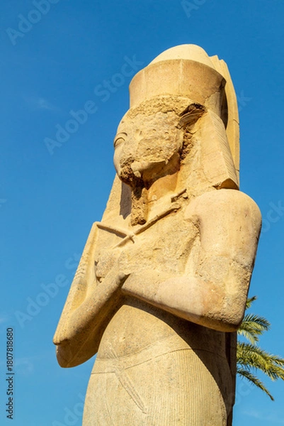 Fototapeta Egypt, Luxor, 01.02.2022.Massive ancient Egyptian stone statue of a pharaoh standing in Karnak temple ruins with carved details