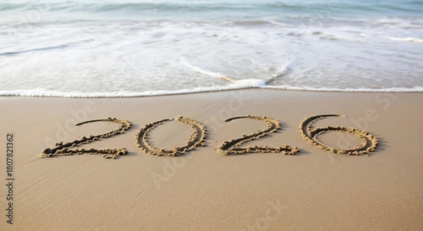 Obraz The year 2026 written in the sand on a beach with a gentle wave washing ashore.