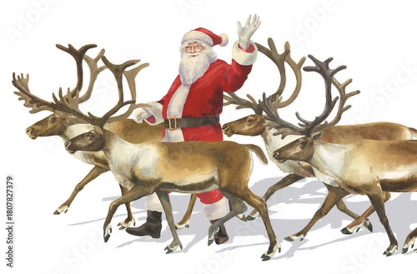 Fototapeta Watercolor Santa Claus with four reindeers