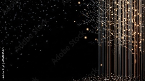 Fototapeta Magical winter tree with glowing lights and falling snowflakes on a starry night