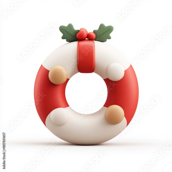 Obraz Whimsical 3D rendered cartoon icon of a lifebuoy or life preserver ring decorated with classic Christmas elements like red and white stripes and holly leaves, isolated on a clean white background