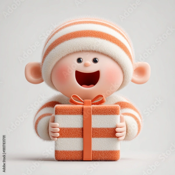 Fototapeta Cheerful 3D cartoon character of a stylized elf or child in an orange and white striped outfit, holding a matching striped gift box close, with a wide, happy smile, isolated on a white background