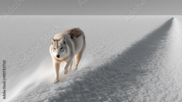 Obraz Dynamic and atmospheric monochromatic image of a white wolf or coyote walking across a vast, snow-covered, desolate plain, with low-level snow blowing across the ground and a long shadow