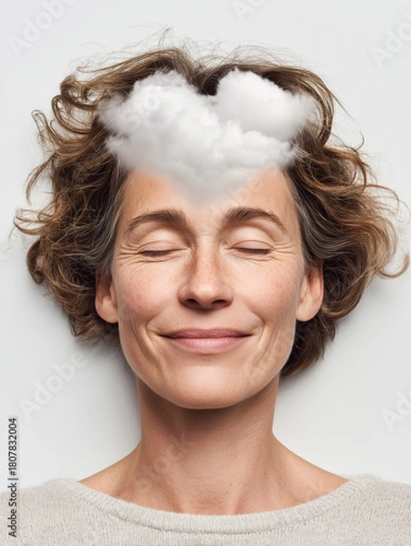 Fototapeta Minimalist portrait of a mature woman with her eyes gently closed and a serene smile, lying down against a bright white background.