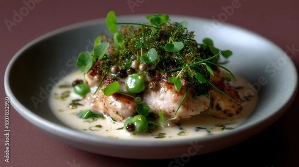 Fototapeta Akoho Sy Voanio Dream, a Classic Dish Presented With Edible Greens and Creamy Sauce in a Soft Bowl