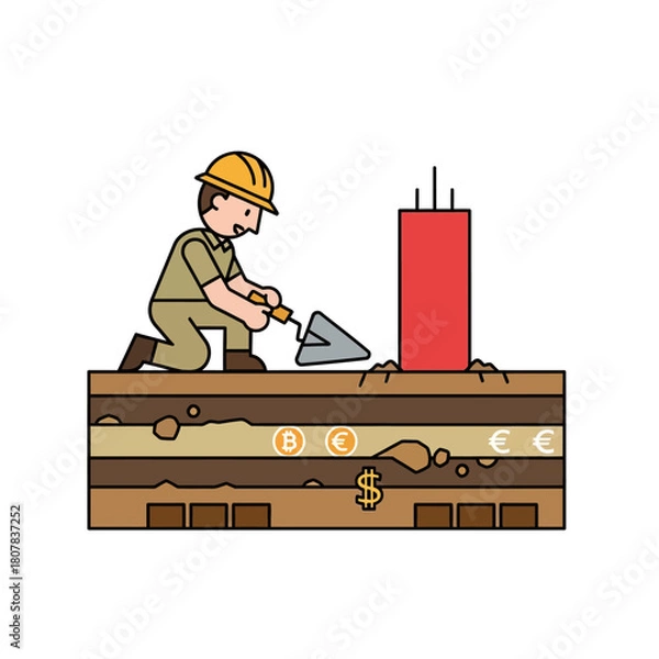 Obraz Building a Strong Foundation Construction Worker and Financial Elements