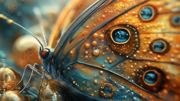 Fototapeta Butterfly resting on colorful pebbles near a stream in a serene forest setting