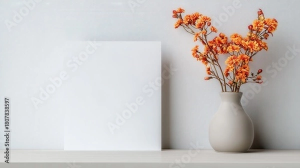 Fototapeta Orange Blossoms Cascading From a Cream Vase Adorn a White Shelf Beside a Blank Square Canvas