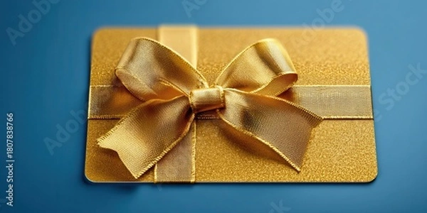 Obraz A Shimmering Gold Card With Ribbon Tie Sits on a Bright Blue Surface