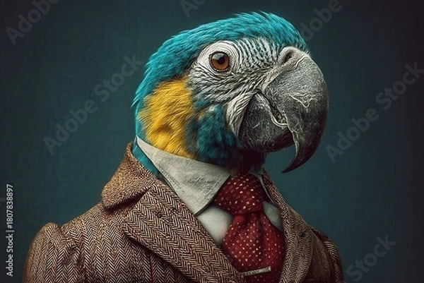 Fototapeta Portrait of a Macaw Dressed in Herringbone Tweed, a Crisp White Shirt, and Polka Dot Tie, Ready for a Formal Event
