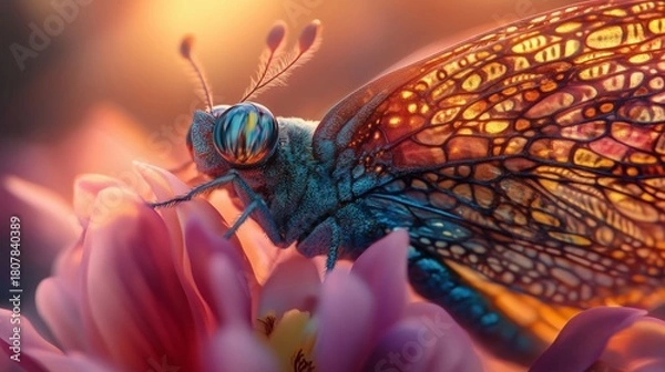 Fototapeta Bright butterfly resting on pink flower during golden hour in a serene natural setting