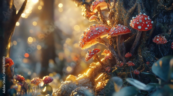 Fototapeta Vibrant red mushrooms grow under soft sunlight in a mystical forest setting during the golden hour