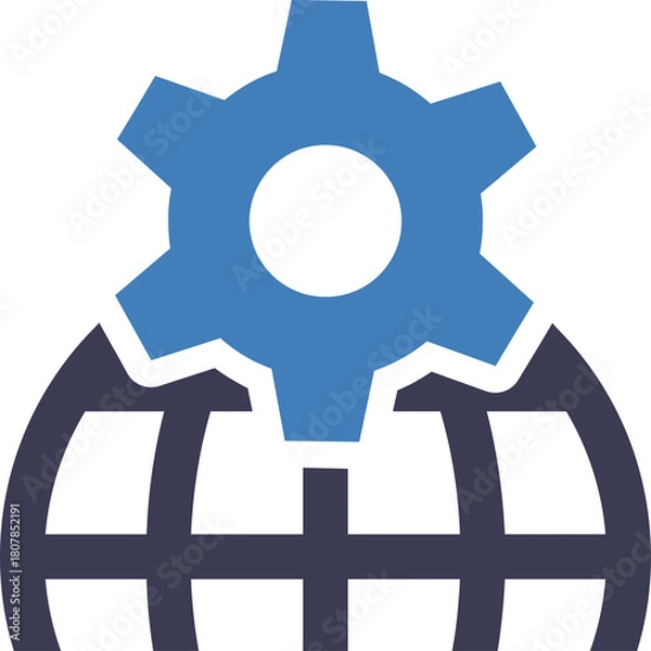 Fototapeta Global Industry Icon With Blue Gear On A Dark Globe Showing International Business And Technology Concepts On A Transparent Background